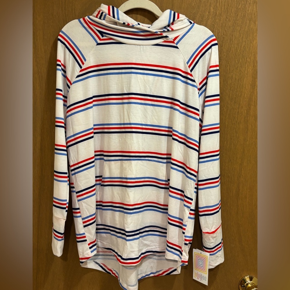 NWT LuLaRoe Amber Hoodie Striped Red White Blue Pockets lightweight Large